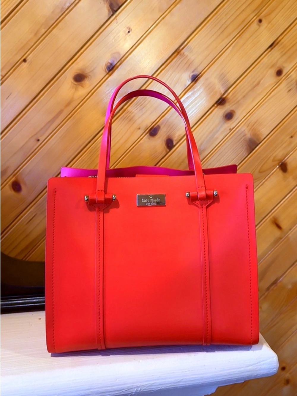 Kate Spade New York Red Leather Tote Bag Pink Interior Satchel Bag